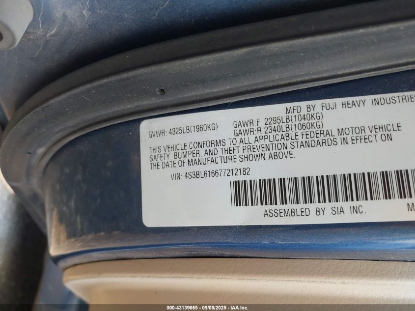 2007 Subaru Legacy 2.5I VIN: 4S3BL616677212182 Lot: 43139865