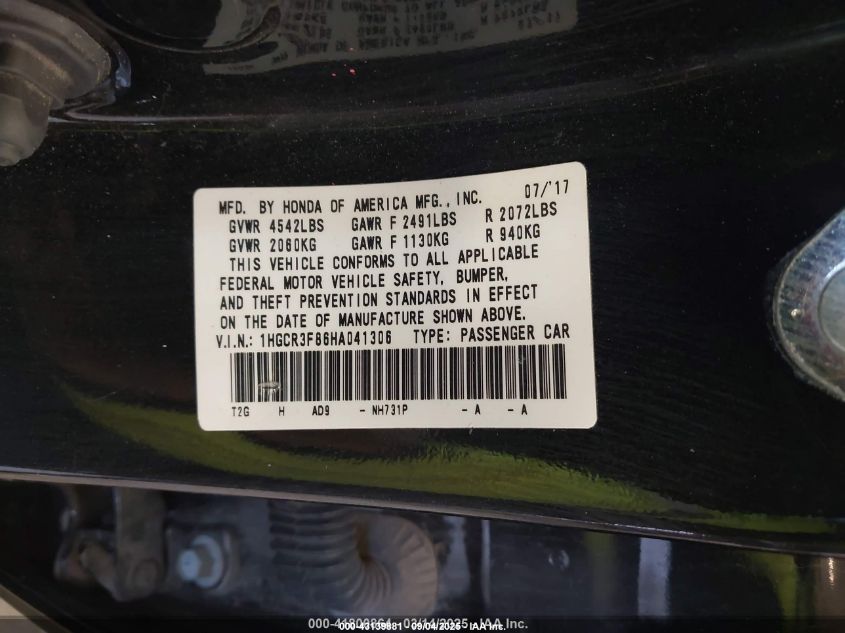 2017 Honda Accord Ex-L V6 VIN: 1HGCR3F86HA041306 Lot: 43139881