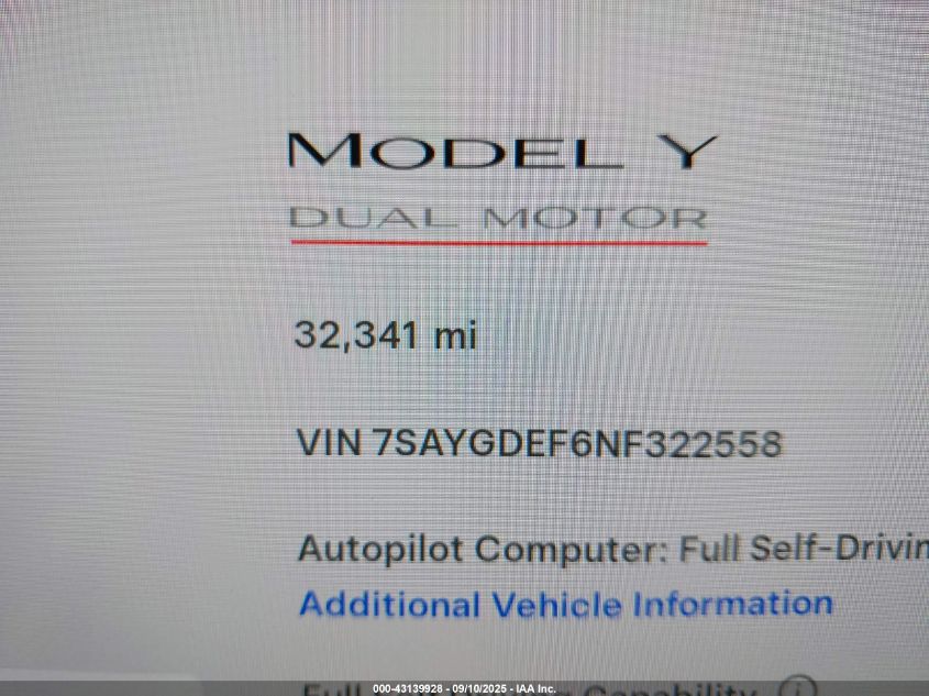 2022 Tesla Model Y Performance Dual Motor All-Wheel Drive VIN: 7SAYGDEF6NF322558 Lot: 43139928