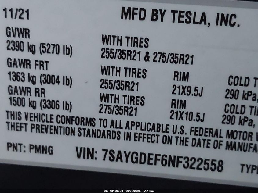 2022 Tesla Model Y Performance Dual Motor All-Wheel Drive VIN: 7SAYGDEF6NF322558 Lot: 43139928