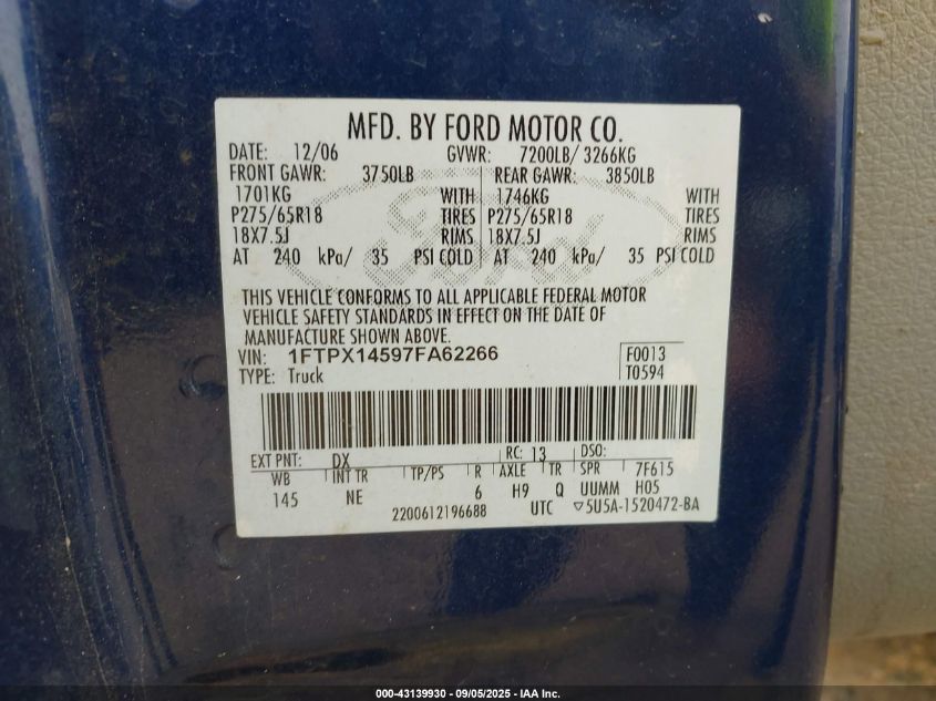 2007 Ford F-150 Fx4/Lariat/Xl/Xlt VIN: 1FTPX14597FA62266 Lot: 43139930