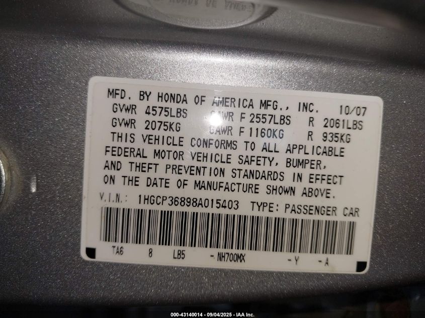 2008 Honda Accord 3.5 Ex-L VIN: 1HGCP36898A015403 Lot: 43140014