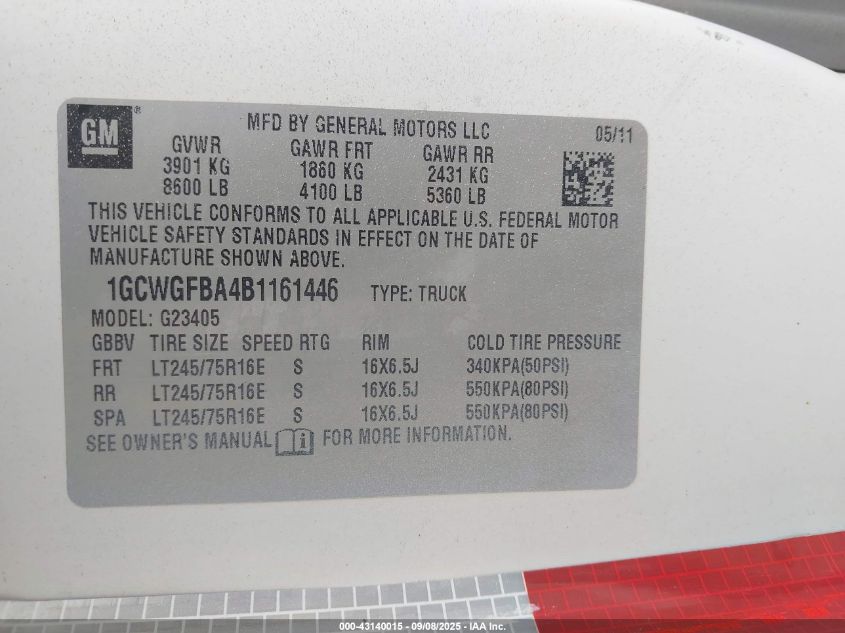 2011 Chevrolet Express 2500 Work Van VIN: 1GCWGFBA4B1161446 Lot: 43140015