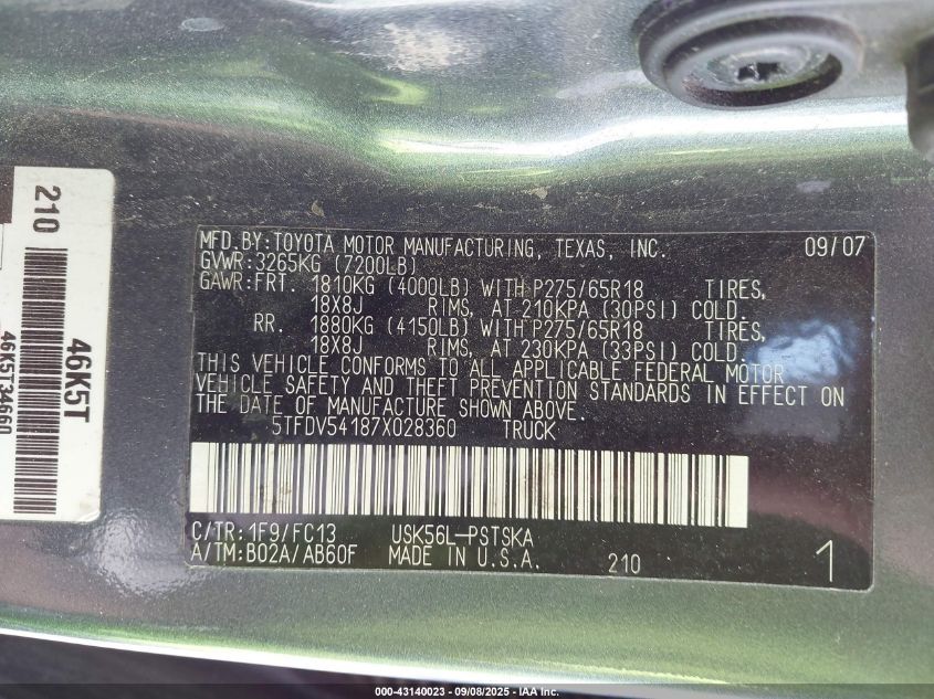 2007 Toyota Tundra Sr5 5.7L V8 VIN: 5TFDV54187X028360 Lot: 43140023