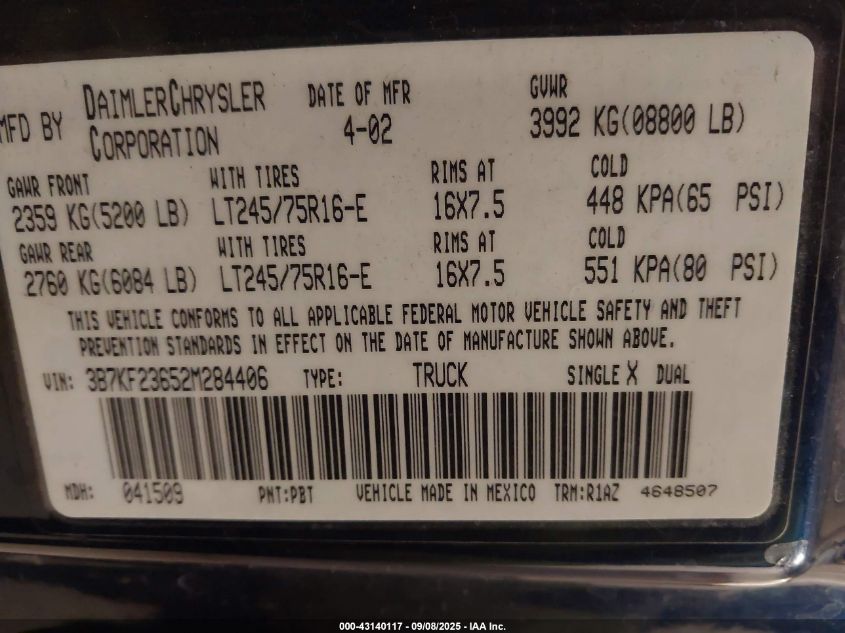 2002 Dodge Ram 2500 VIN: 3B7KF23652M284406 Lot: 43140117