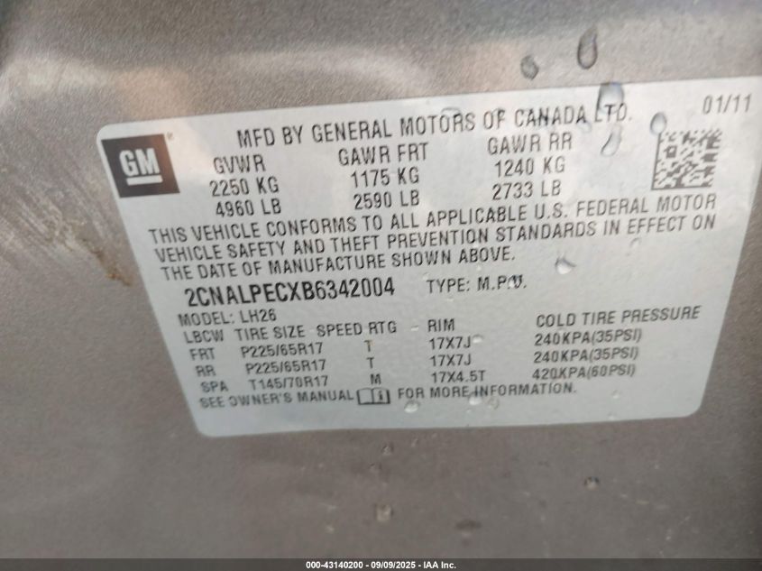 2011 Chevrolet Equinox 2Lt VIN: 2CNALPECXB6342004 Lot: 43140200