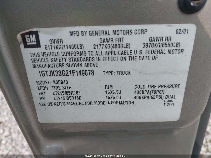 2001 GMC Sierra 3500 Sle VIN: 1GTJK33G21F149078 Lot: 43140237