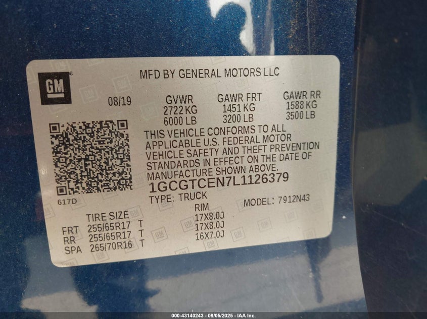 2020 CHEVROLET COLORADO 4WD  SHORT BOX LT - 1GCGTCEN7L1126379