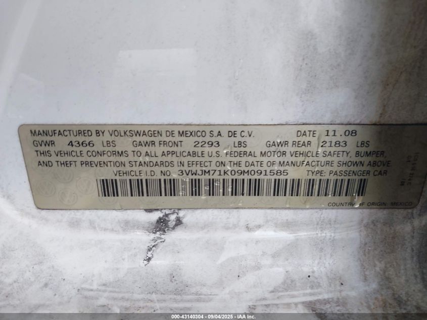 2009 Volkswagen Jetta S VIN: 3VWJM71K09M091585 Lot: 43140304