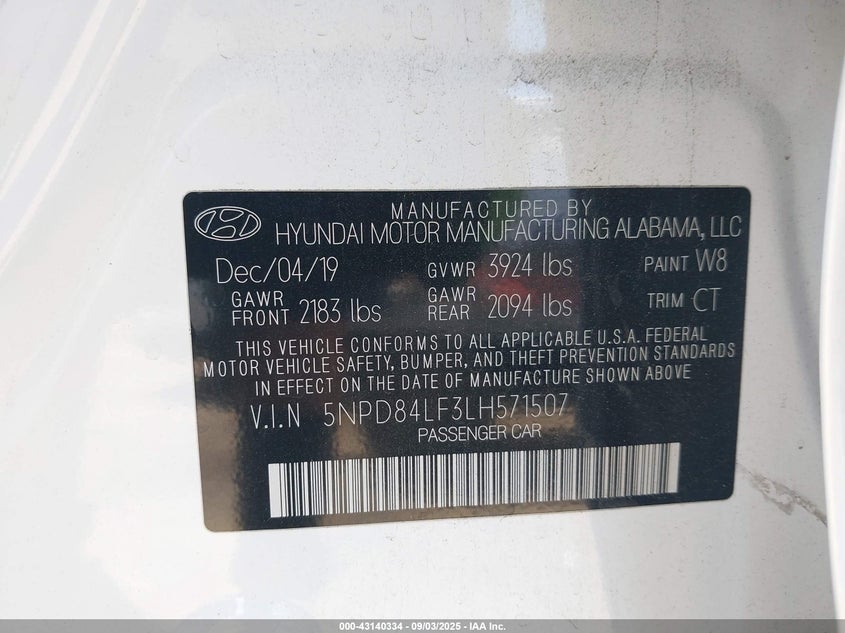 VIN 5NPD84LF3LH571507 2020 HYUNDAI ELANTRA SEL