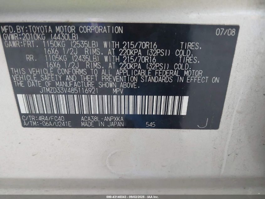 2008 Toyota Rav4 VIN: JTMZD33V485116921 Lot: 43140343