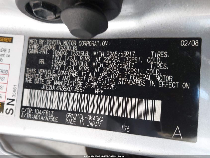 2008 Toyota 4Runner Sr5/Sport VIN: JTEZU14R38K014867 Lot: 43140366