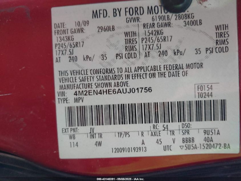 2010 Mercury Mountaineer VIN: 4M2EN4HE6AUJ01756 Lot: 43140391