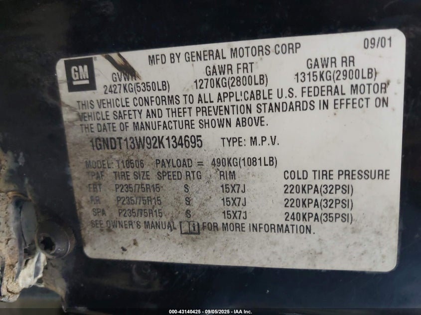 2002 Chevrolet Blazer Ls VIN: 1GNDT13W92K134695 Lot: 43140425