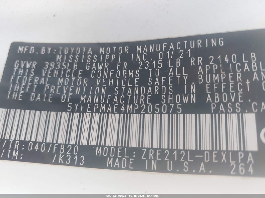 2021 TOYOTA COROLLA LE - 5YFEPMAE4MP205075