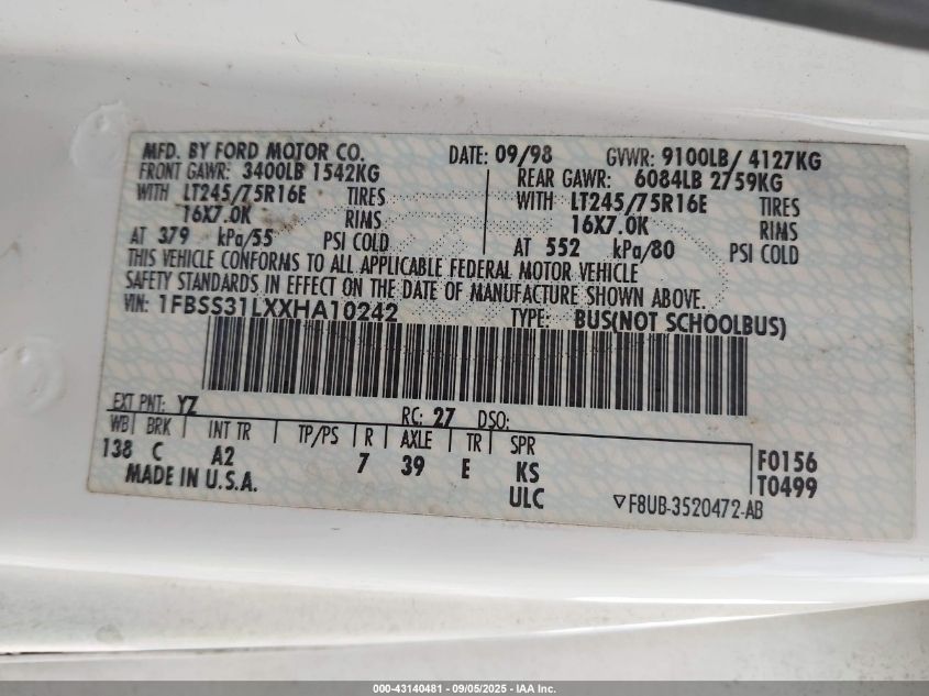 1999 Ford E-350 Super Duty Xl/Xlt VIN: 1FBSS31LXXHA10242 Lot: 43140481