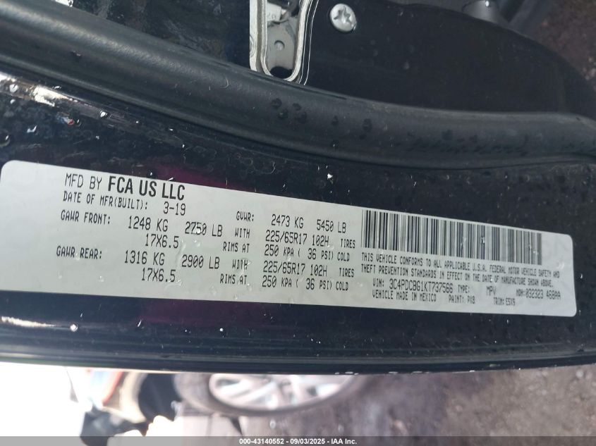 2019 Dodge Journey Se VIN: 3C4PDCBG1KT737566 Lot: 43140552