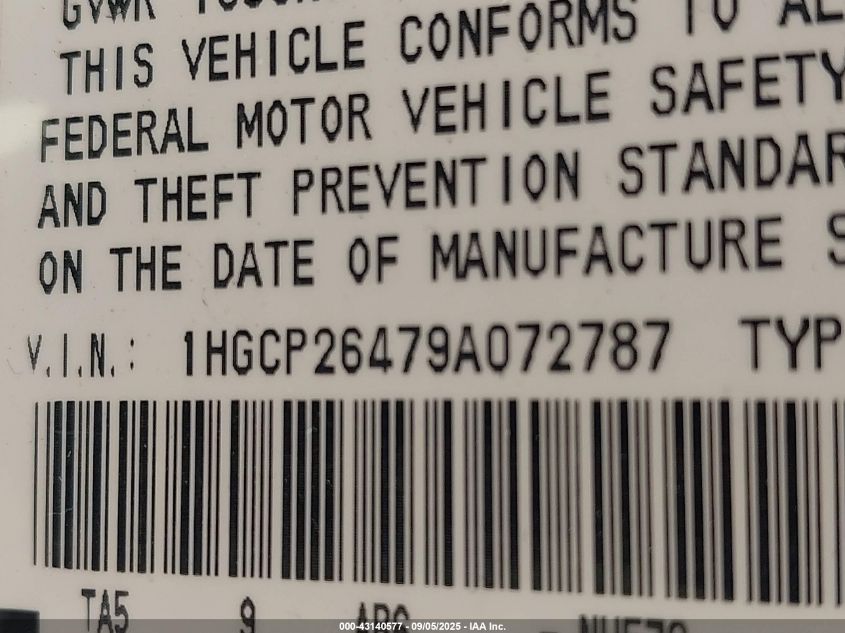 2009 Honda Accord 2.4 Lx-P VIN: 1HGCP26479A072787 Lot: 43140577