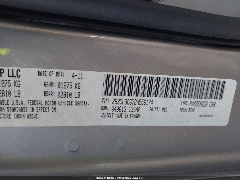 2011 Dodge Charger VIN: 2B3CL3CG7BH556174 Lot: 43140607