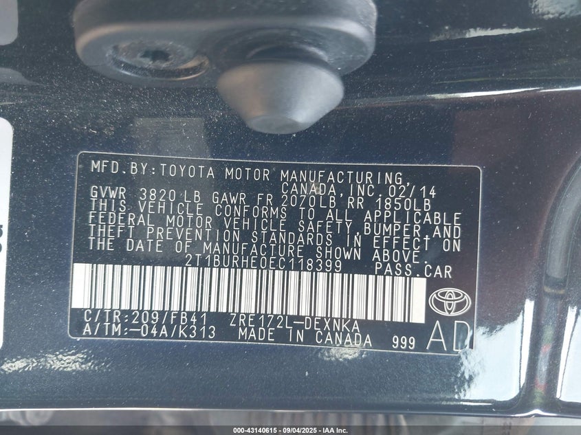 2014 Toyota Corolla Le VIN: 2T1BURHE0EC118399 Lot: 43140615