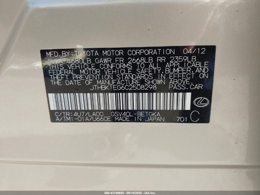 2012 Lexus Es 350 VIN: JTHBK1EG6C2508298 Lot: 43140654