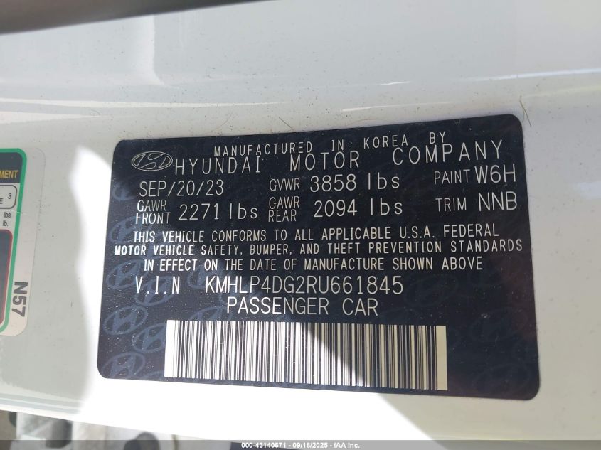 2024 Hyundai Elantra Limited VIN: KMHLP4DG2RU661845 Lot: 43140671