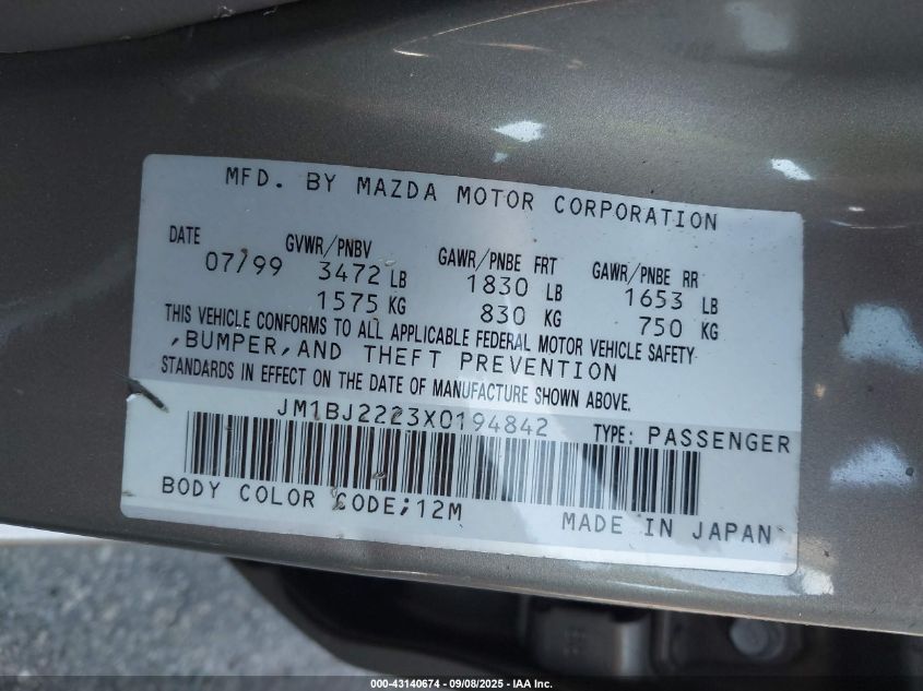 1999 Mazda Protege Dx/Lx VIN: JM1BJ2223X0194842 Lot: 43140674