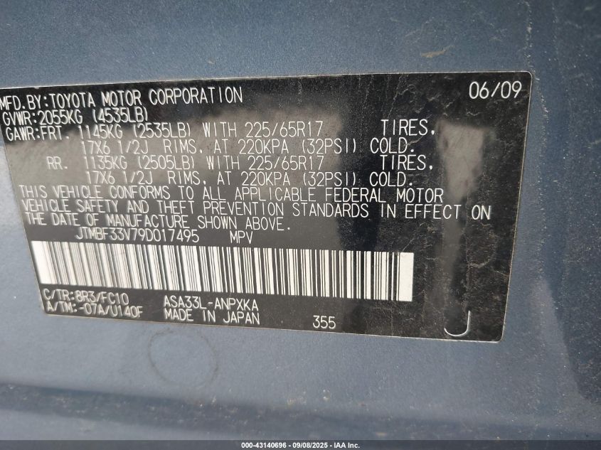 2009 Toyota Rav4 VIN: JTMBF33V79D017495 Lot: 43140696