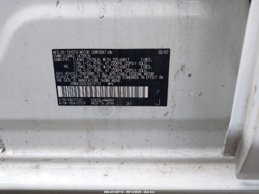 2007 Toyota Rav4 Base V6 VIN: JTMBK33VX76019173 Lot: 43140710