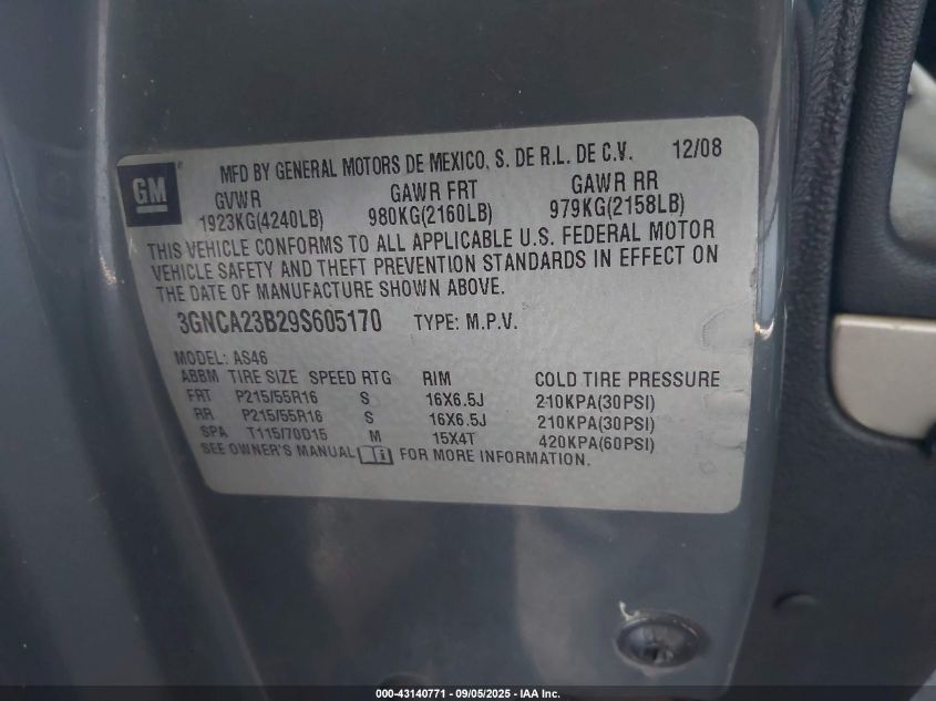 2009 Chevrolet Hhr Lt VIN: 3GNCA23B29S605170 Lot: 43140771