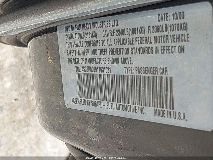 2001 Subaru Legacy Outback H6 3.0 Ll Bean VIN: 4S3BH806917631021 Lot: 43140783