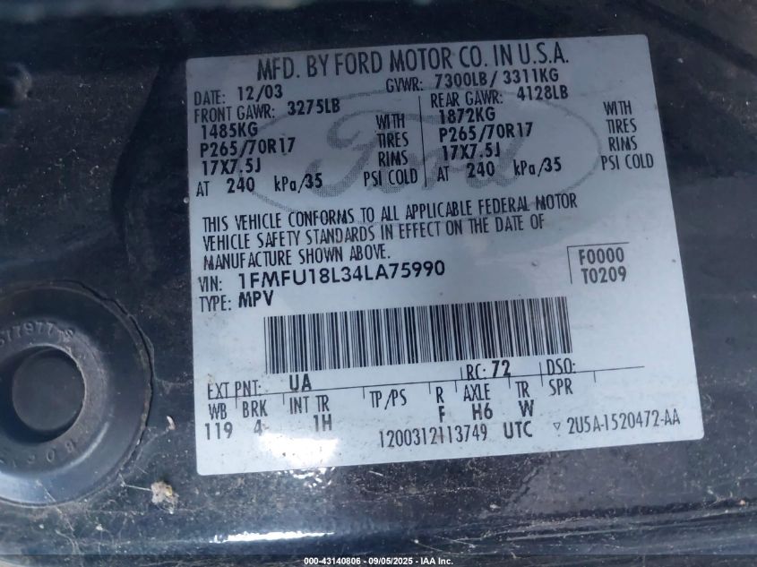 2004 Ford Expedition Eddie Bauer VIN: 1FMFU18L34LA75990 Lot: 43140806