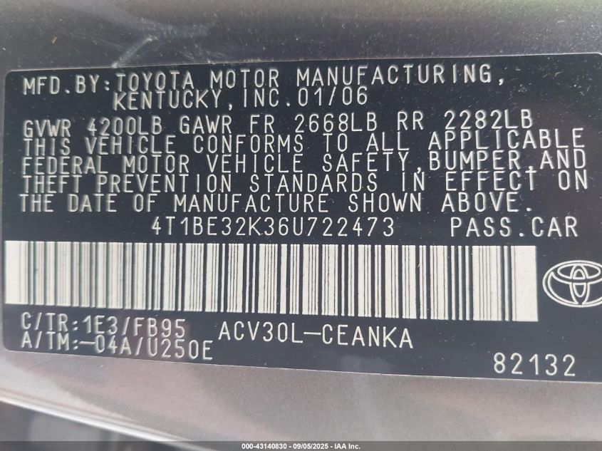 2006 Toyota Camry Std VIN: 4T1BE32K36U722473 Lot: 43140830