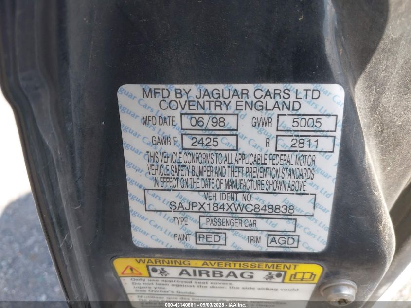 1998 Jaguar Xjr VIN: SAJPX184XWC848838 Lot: 43140861