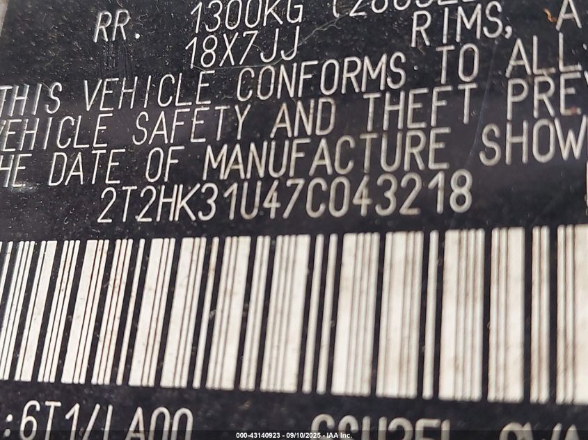 2007 Lexus Rx 350 VIN: 2T2HK31U47C043218 Lot: 43140923