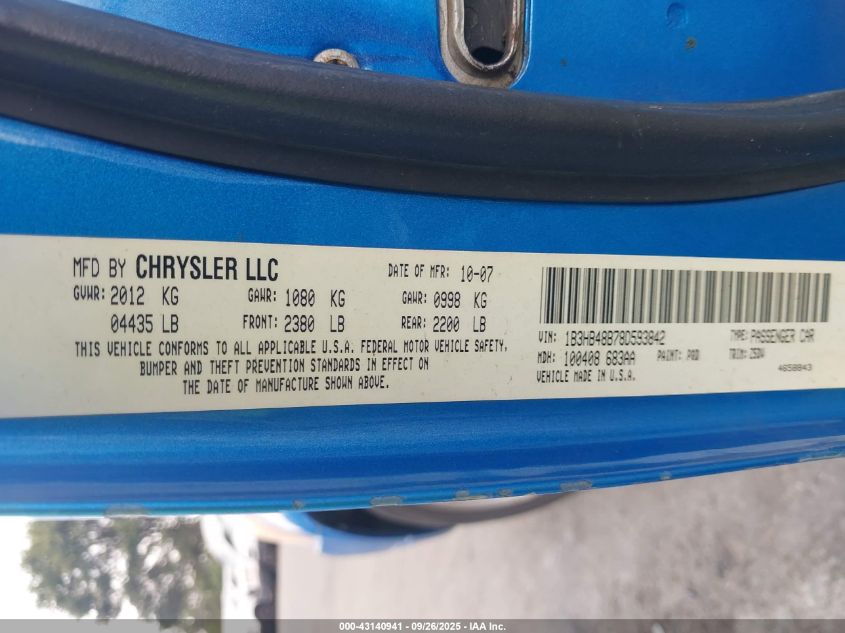 2008 Dodge Caliber Sxt VIN: 1B3HB48B78D593842 Lot: 43140941