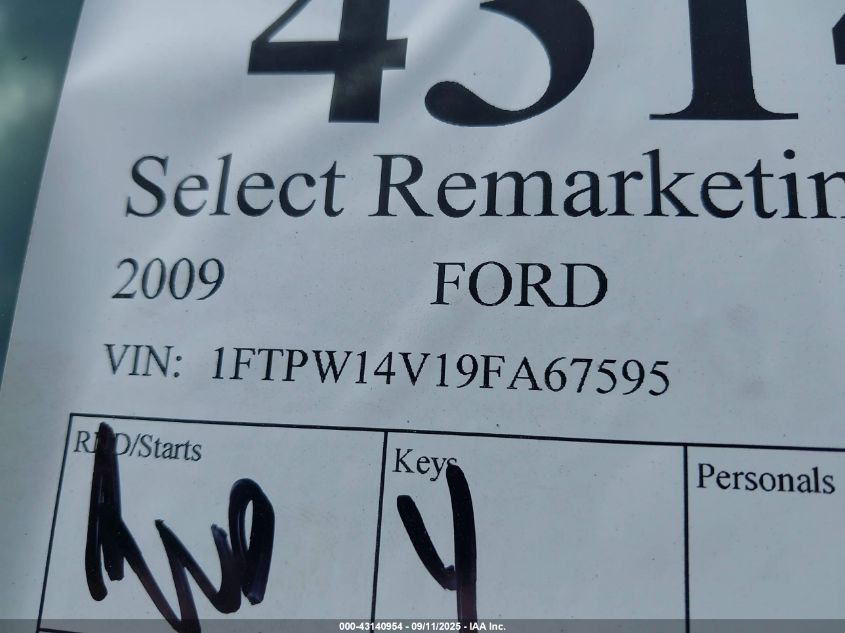 2009 Ford F-150 Fx4/King Ranch/Lariat/Platinum/Xl/Xlt VIN: 1FTPW14V19FA67595 Lot: 43140954