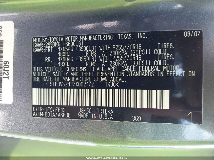 2007 Toyota Tundra Base 5.7L V8 VIN: 5TFJV52117X002172 Lot: 43140976