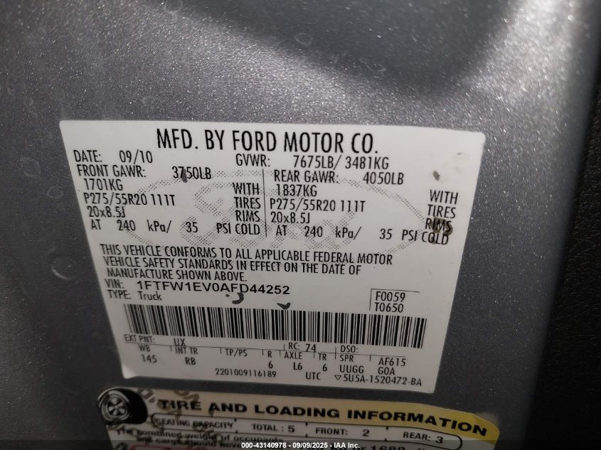 2010 Ford F-150 Fx4/Harley-Davidson/King Ranch/Lariat/Platinum/Xl/Xlt VIN: 1FTFW1EV0AFD44252 Lot: 43140978