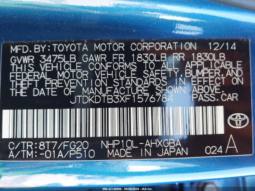 2015 Toyota Prius C Three VIN: JTDKDTB3XF1576784 Lot: 43140998