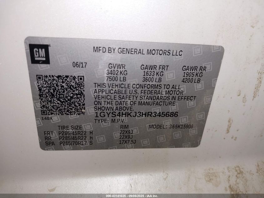 2017 Cadillac Escalade Esv Luxury VIN: 1GYS4HKJ3HR345686 Lot: 43141025