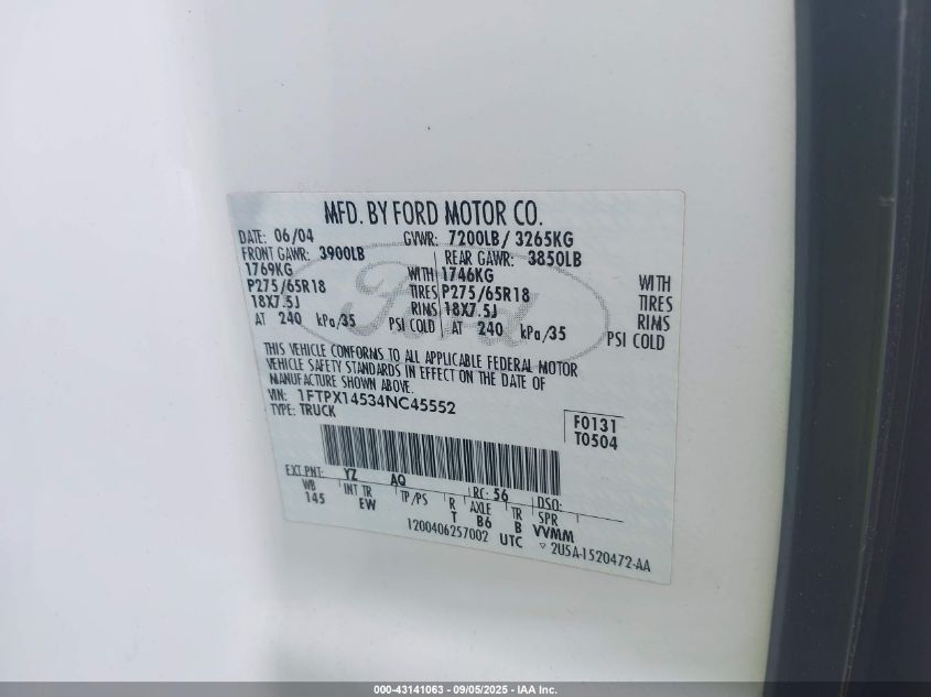 2004 Ford F-150 Fx4/Lariat/Xl/Xlt VIN: 1FTPX14534NC45552 Lot: 43141063