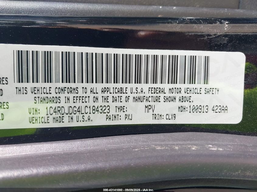 2020 Dodge Durango Gt Plus Awd VIN: 1C4RDJDG4LC184323 Lot: 43141080