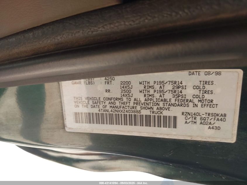1999 Toyota Tacoma VIN: 4TANL42NXXZ403885 Lot: 43141094