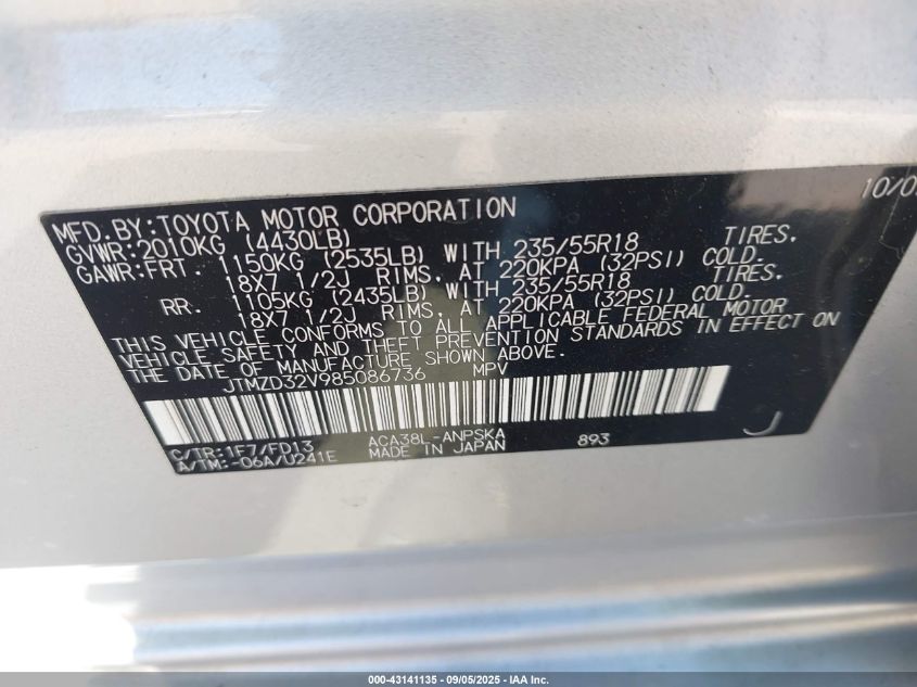 2008 Toyota Rav4 Sport VIN: JTMZD32V985086736 Lot: 43141135