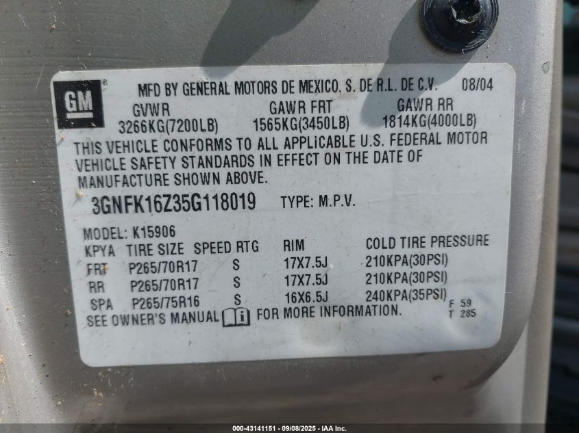 2005 Chevrolet Suburban 1500 Z71 VIN: 3GNFK16Z35G118019 Lot: 43141151