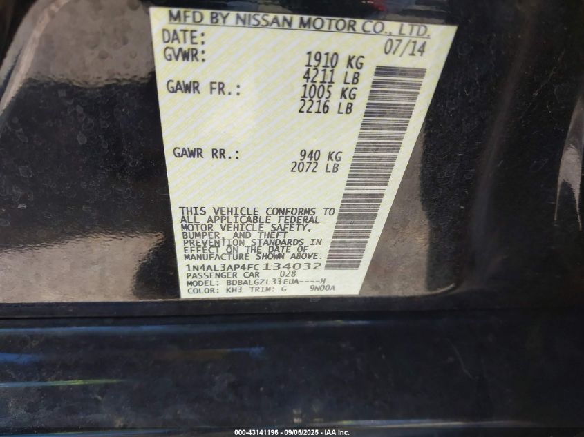 2015 Nissan Altima 2.5 S VIN: 1N4AL3AP4FC134032 Lot: 43141196