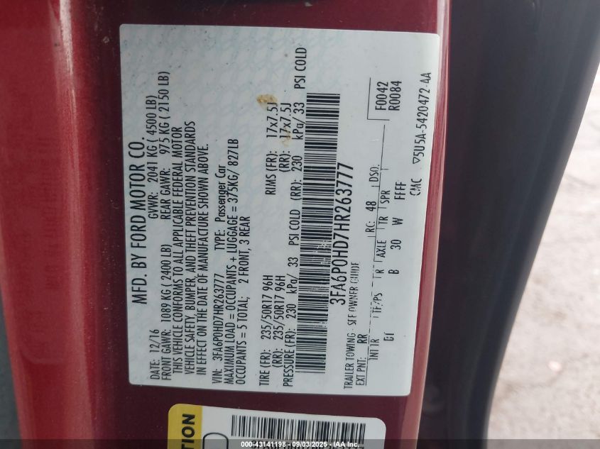 2017 Ford Fusion Se VIN: 3FA6P0HD7HR263777 Lot: 43141198