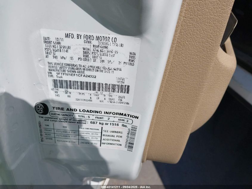 2012 Ford F-150 Lariat VIN: 1FTFW1EF1CFA24322 Lot: 43141211