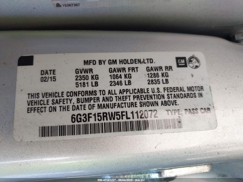 2015 Chevrolet Ss VIN: 6G3F15RW5FL112072 Lot: 43141227